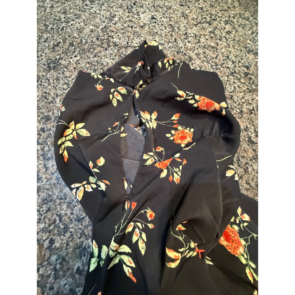 Floral V-Neck Button Front Tea Dress Short Sleeve Black Orange Rose Print - Picture 6 of 6